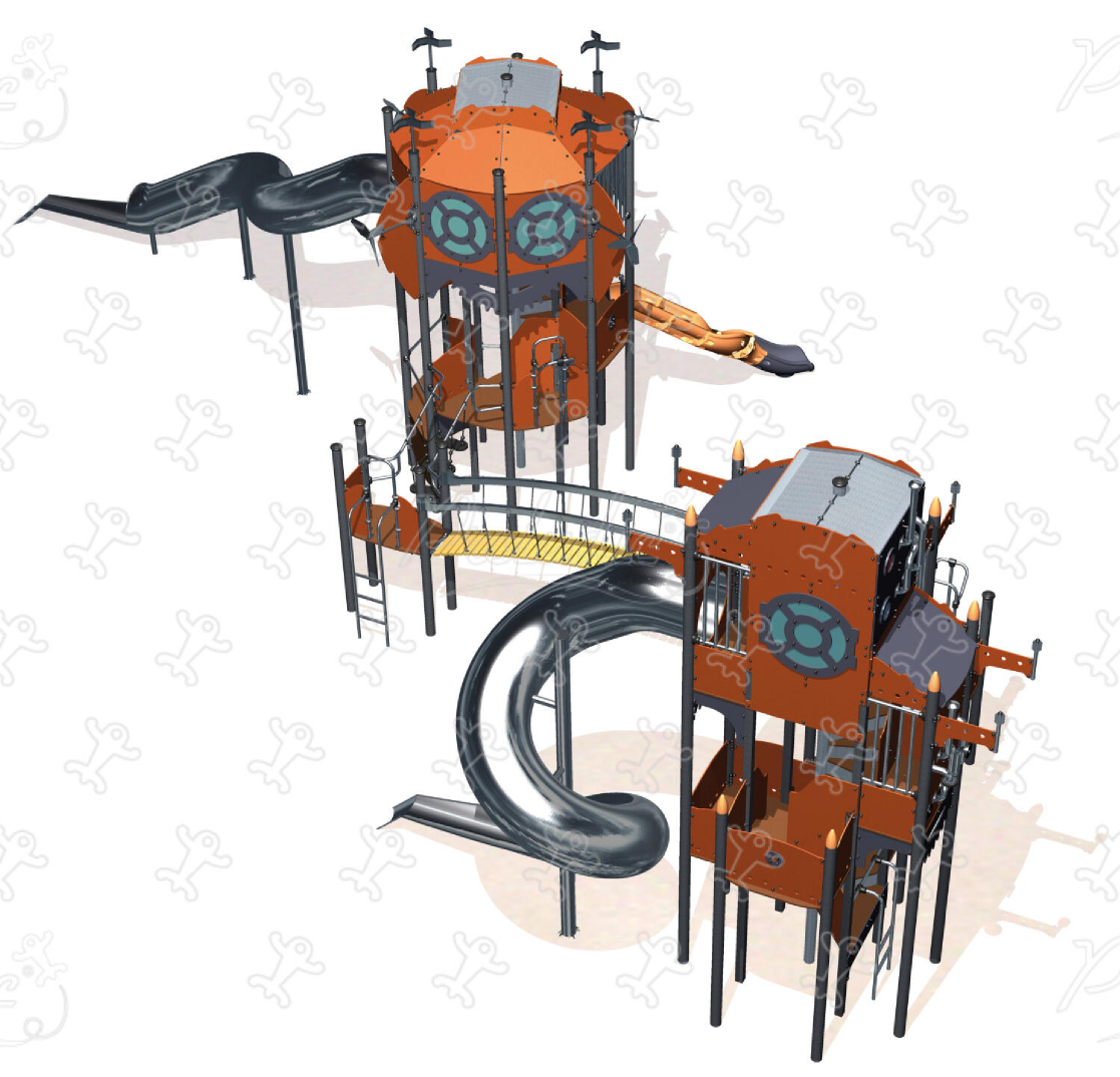 Giant double play tower with slides, rope bridge and climbing activities