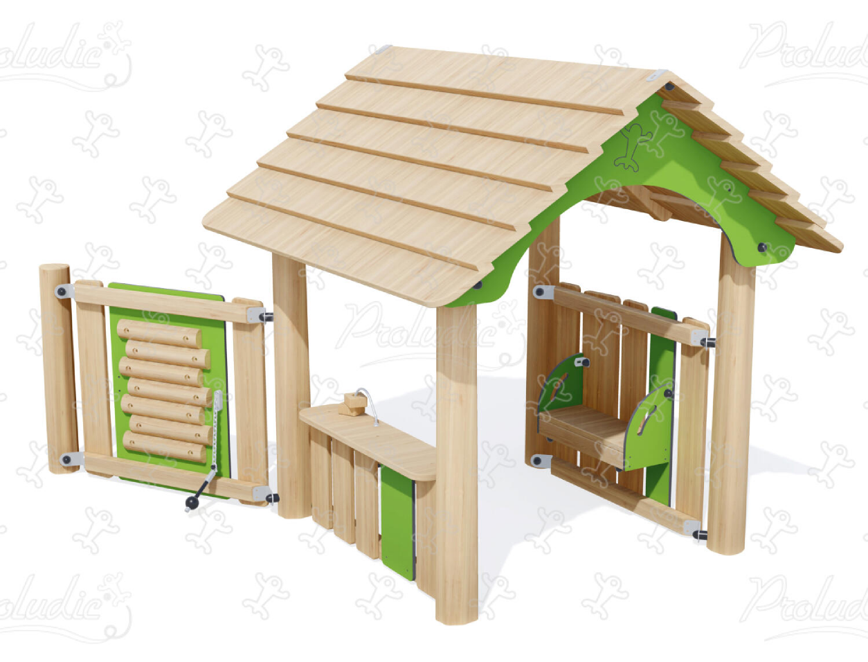 Wooden playhouse hut for children with counter — bench and musical panel
