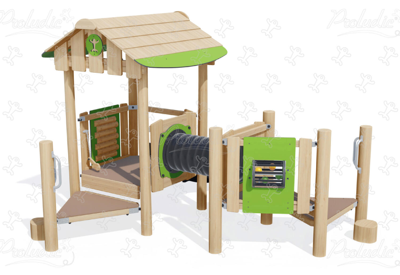 Wooden playground equipment for early childhood with slide, elevated playhouse, tunnel and sensory panel