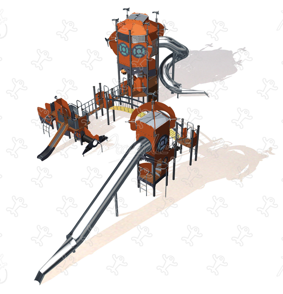Double play tower with slides, rope bridge and climbing activities