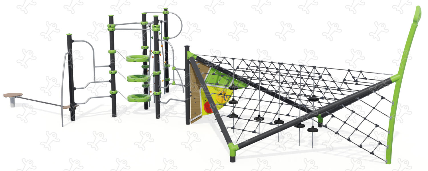 Metal climbing playground equipment with balancing trail, climbing activities, and rope structure