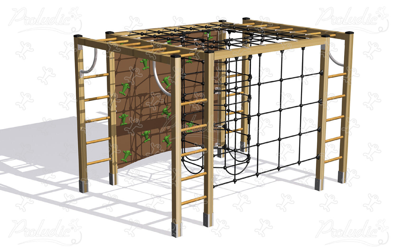 Timber climbing playground equipment with rope activities, climbing wall and ladders