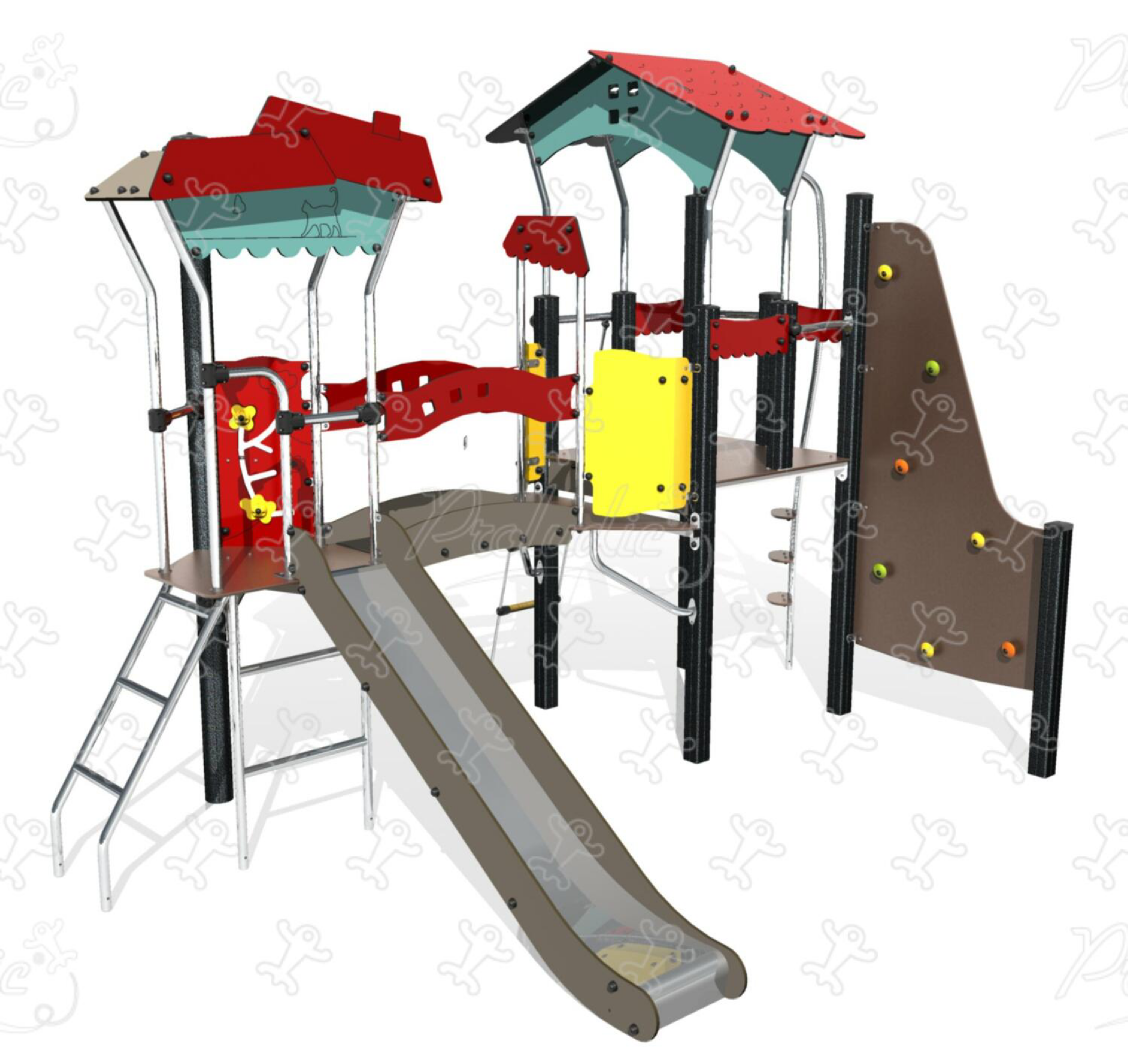 Multiplay equipment with climbing activities, elevated playhouses, climbing wall, and slide