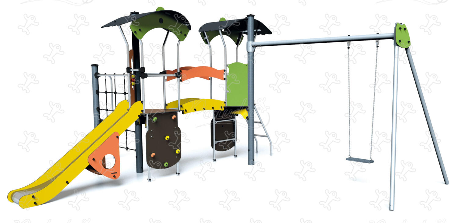 Multiplay equipment in yellow, orange, and green with elevated playhouses, climbing activities, swing set, and slide