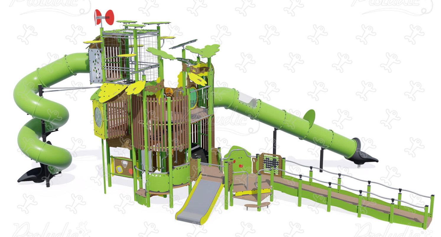 Large inclusive play tower with slides, climbing activities, manipulative play and accessible ramp for people with reduced mobility