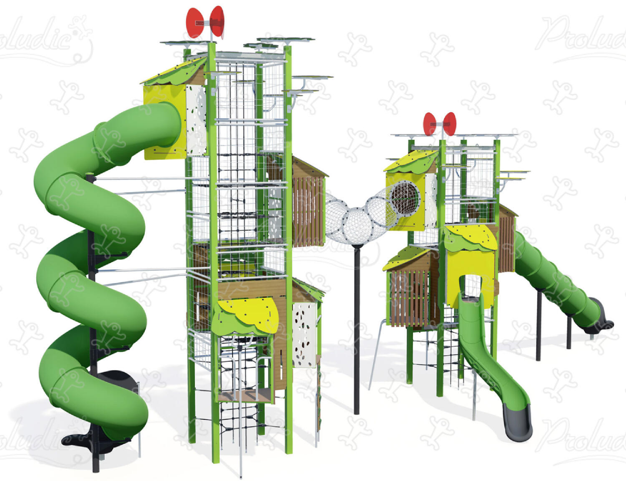 Giant double play tower with slides, aerial net tunnel and climbing activities