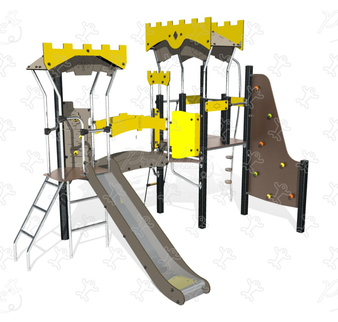 Citadel - Playground equipment with climbing wall, playhouse cabin, slide, and climbing activities