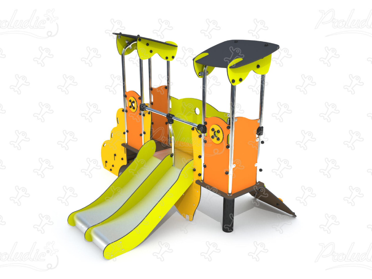 Early childhood multiplay equipment with slides and elevated playhouses in pastel and wood colours, 12 users