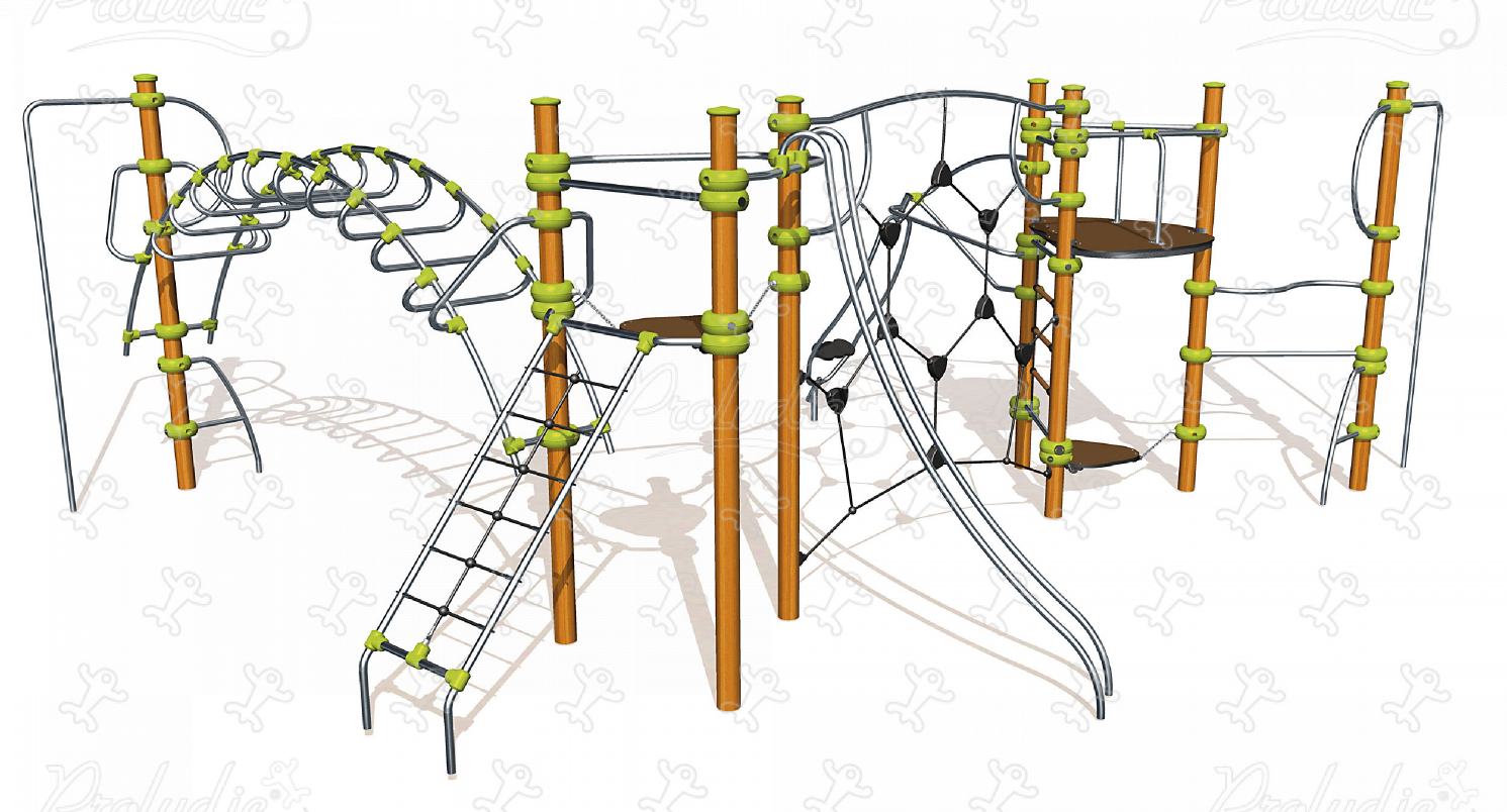 Giant multiplay equipment in metal with balancing and climbing activities