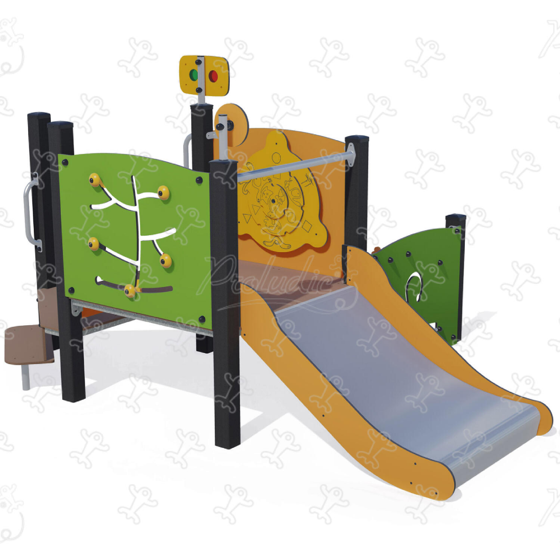 Multiplay equipment with play panels and slide