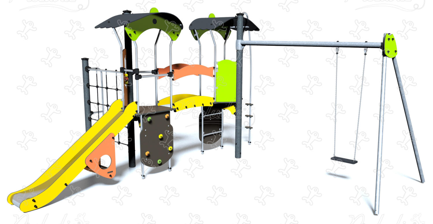 Multiplay equipment with slide, balancing activities, and swing set