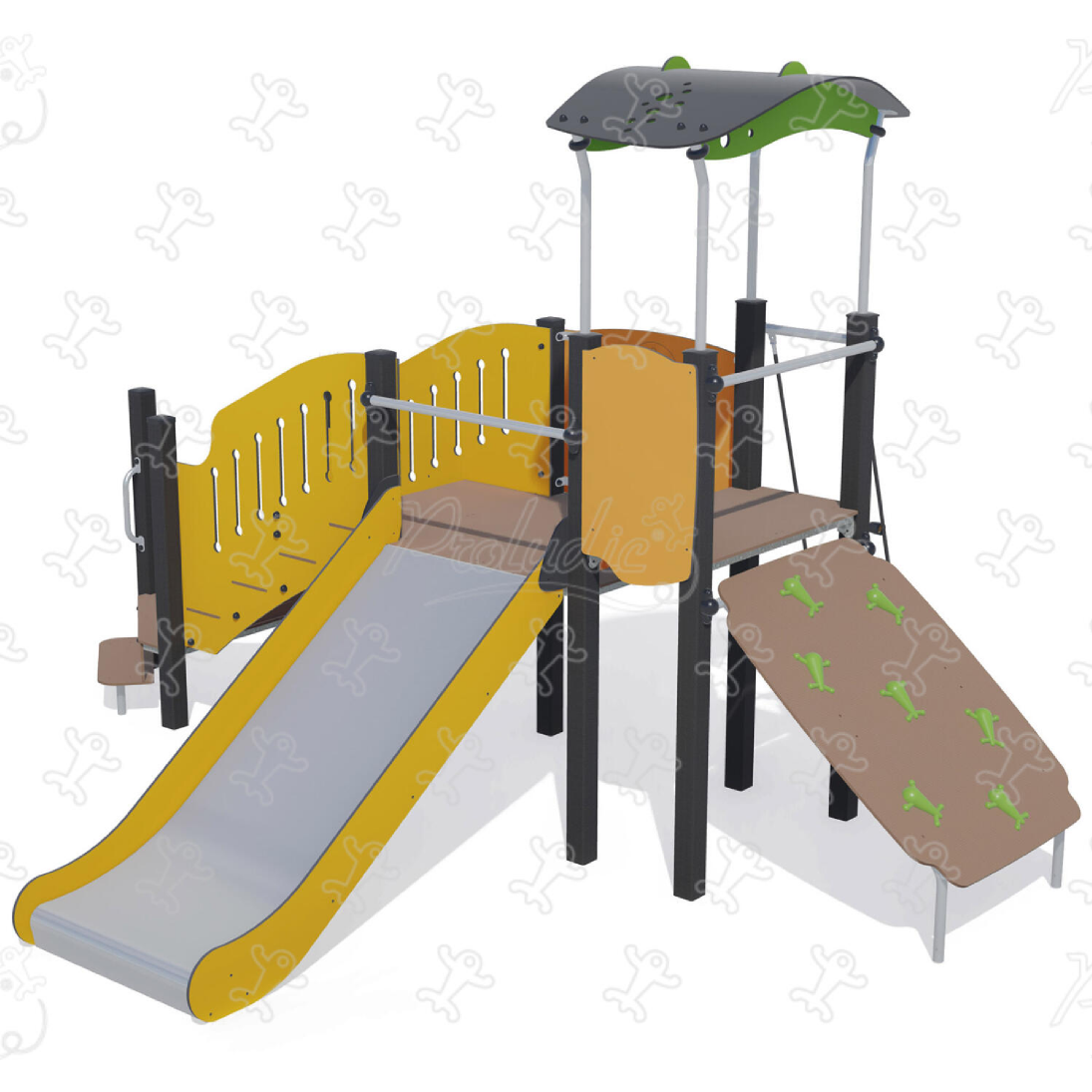 Multiplay equipment with slide and elevated playhouse