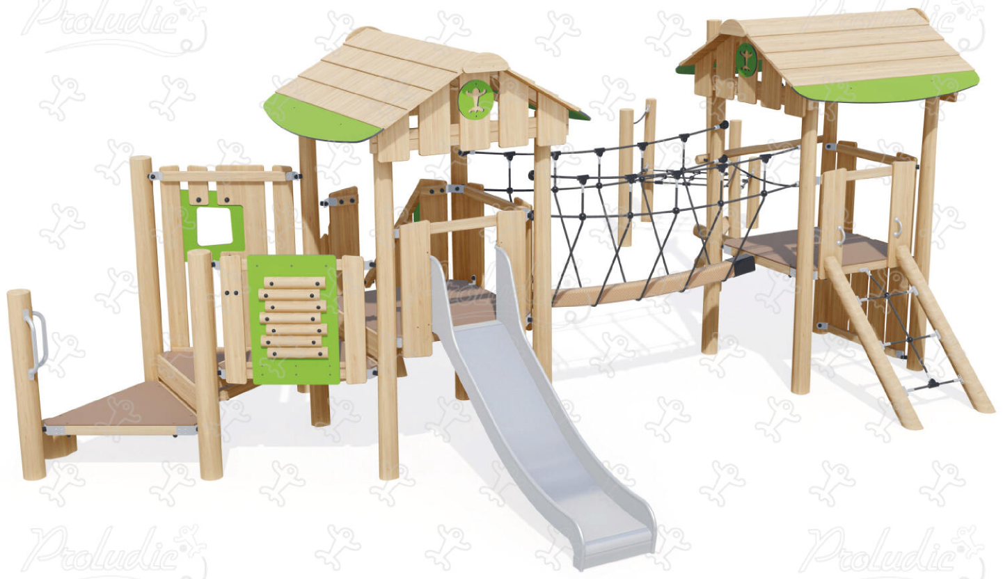 Wooden playground equipment for early childhood with slide, elevated playhouse, ropes and sensory panels