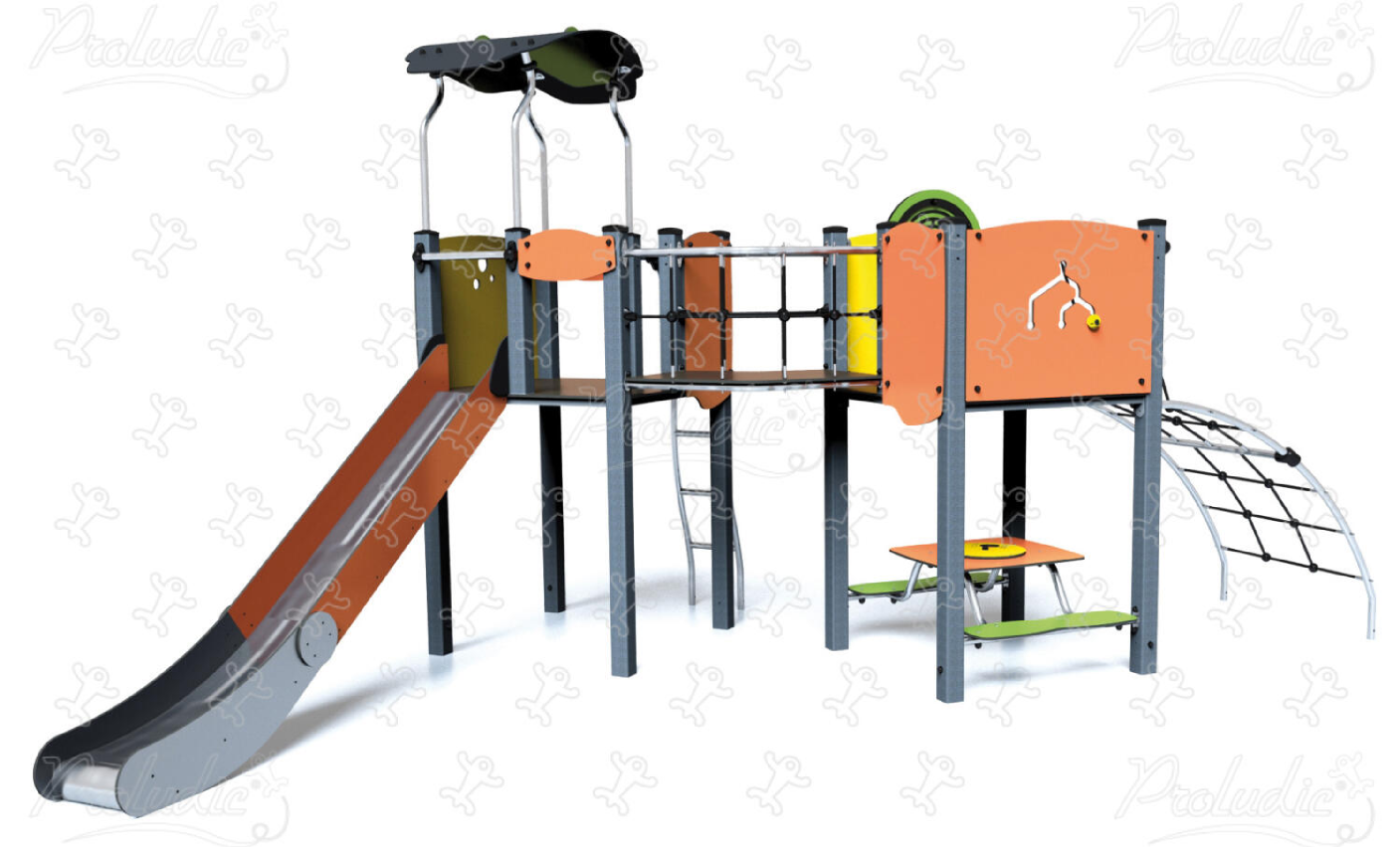 Multiplay equipment with slide, play table, and climbing activities
