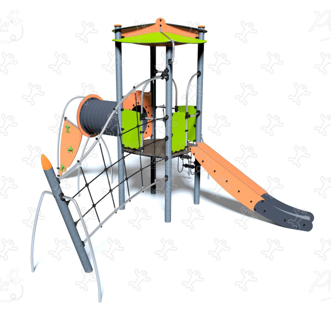Multiplay equipment with climbing activities, tunnel, and slide