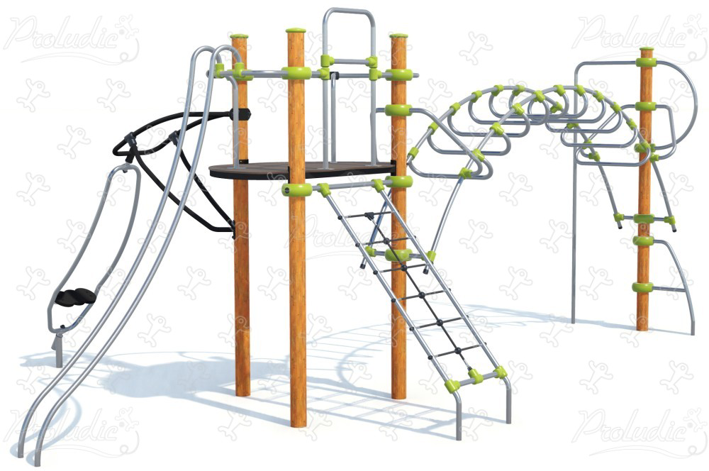 Multiplay equipment in metal with balancing and climbing activities