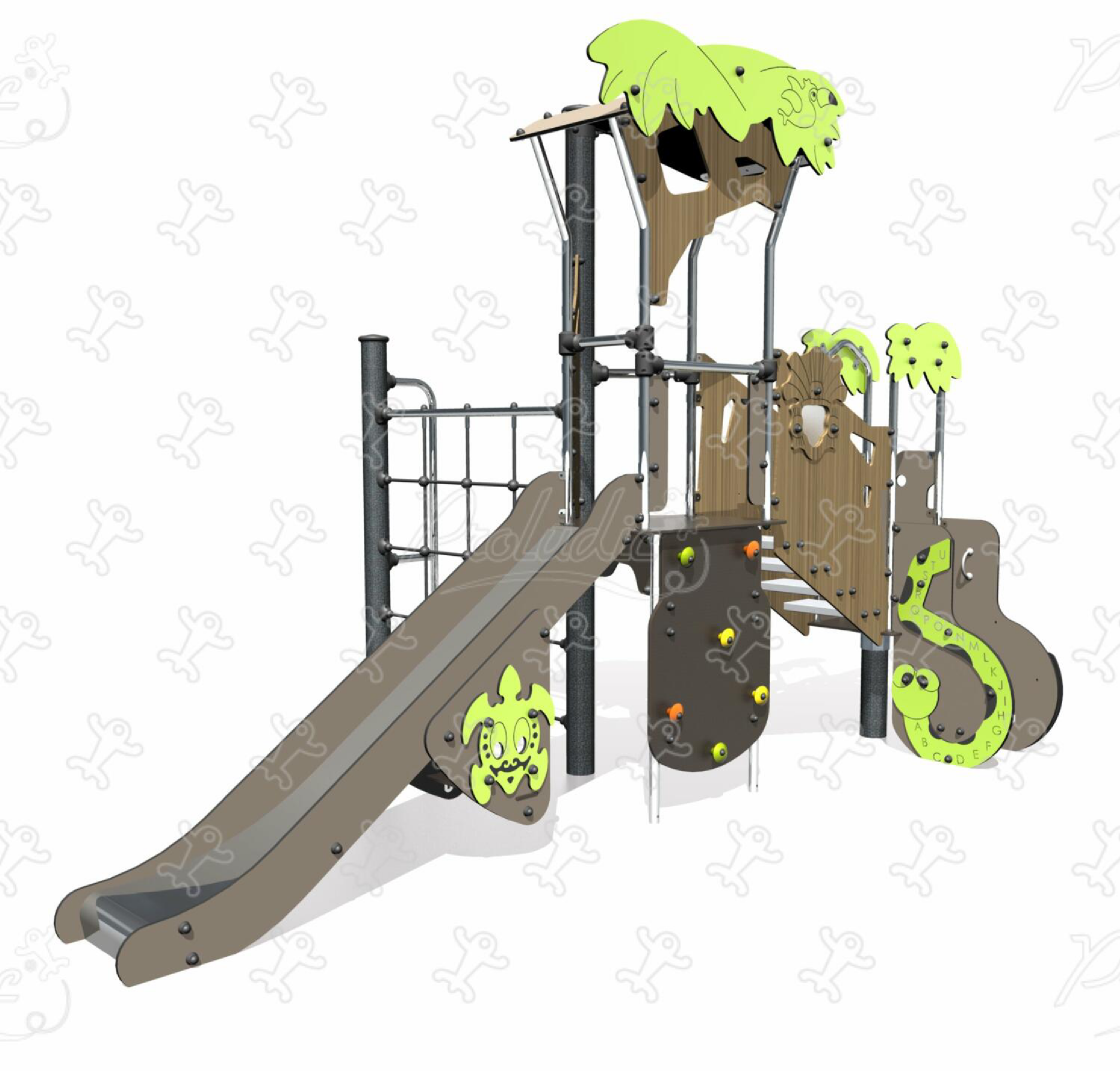 Jungle-themed multiplay equipment with climbing activities, elevated playhouse, and slide