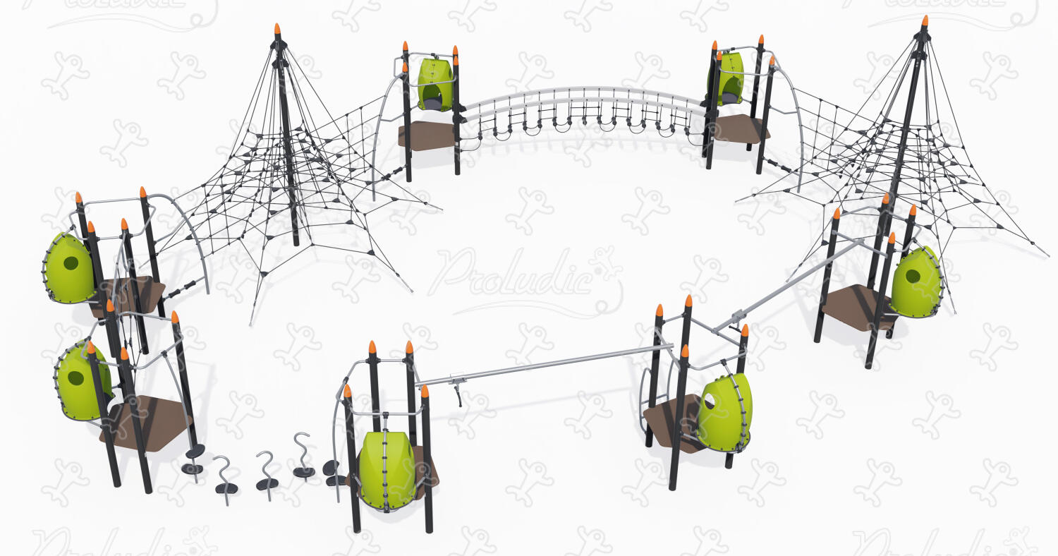 Spider net pyramid and balancing trail for outdoor playgrounds