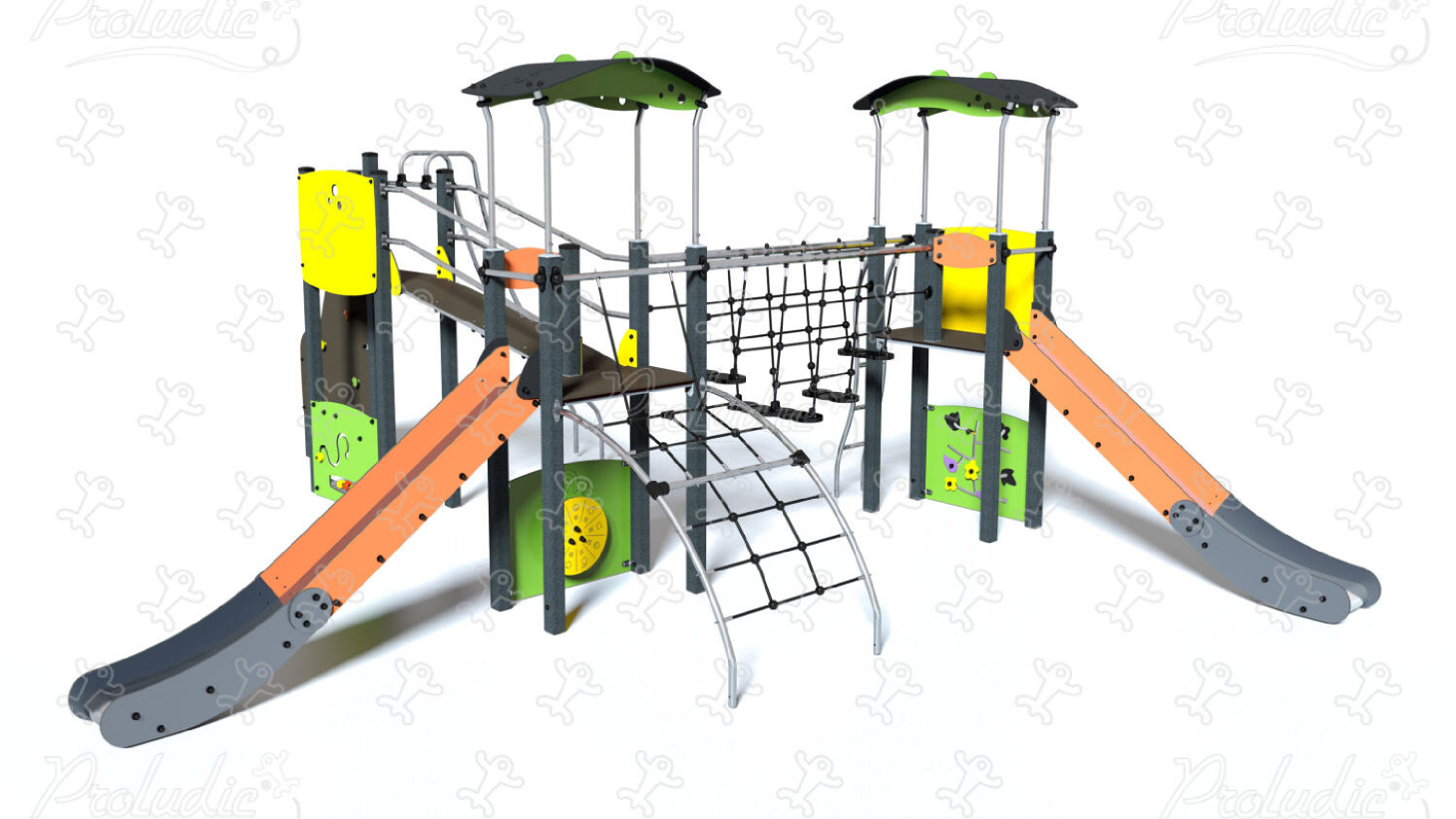 Multiplay equipment for children with slides, rope bridge, and climbing activities