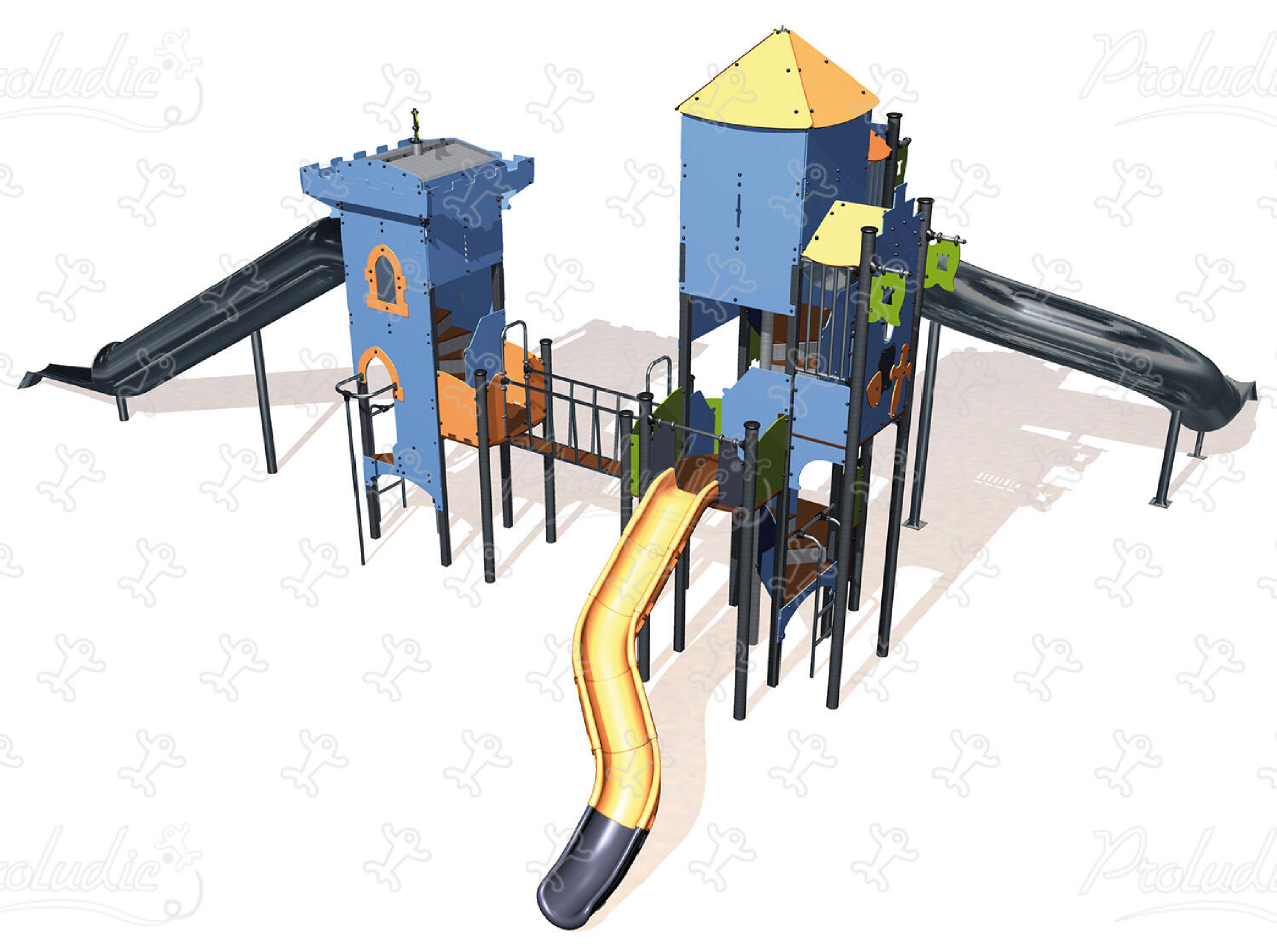 Giant double play tower with slides, bridge and climbing activities