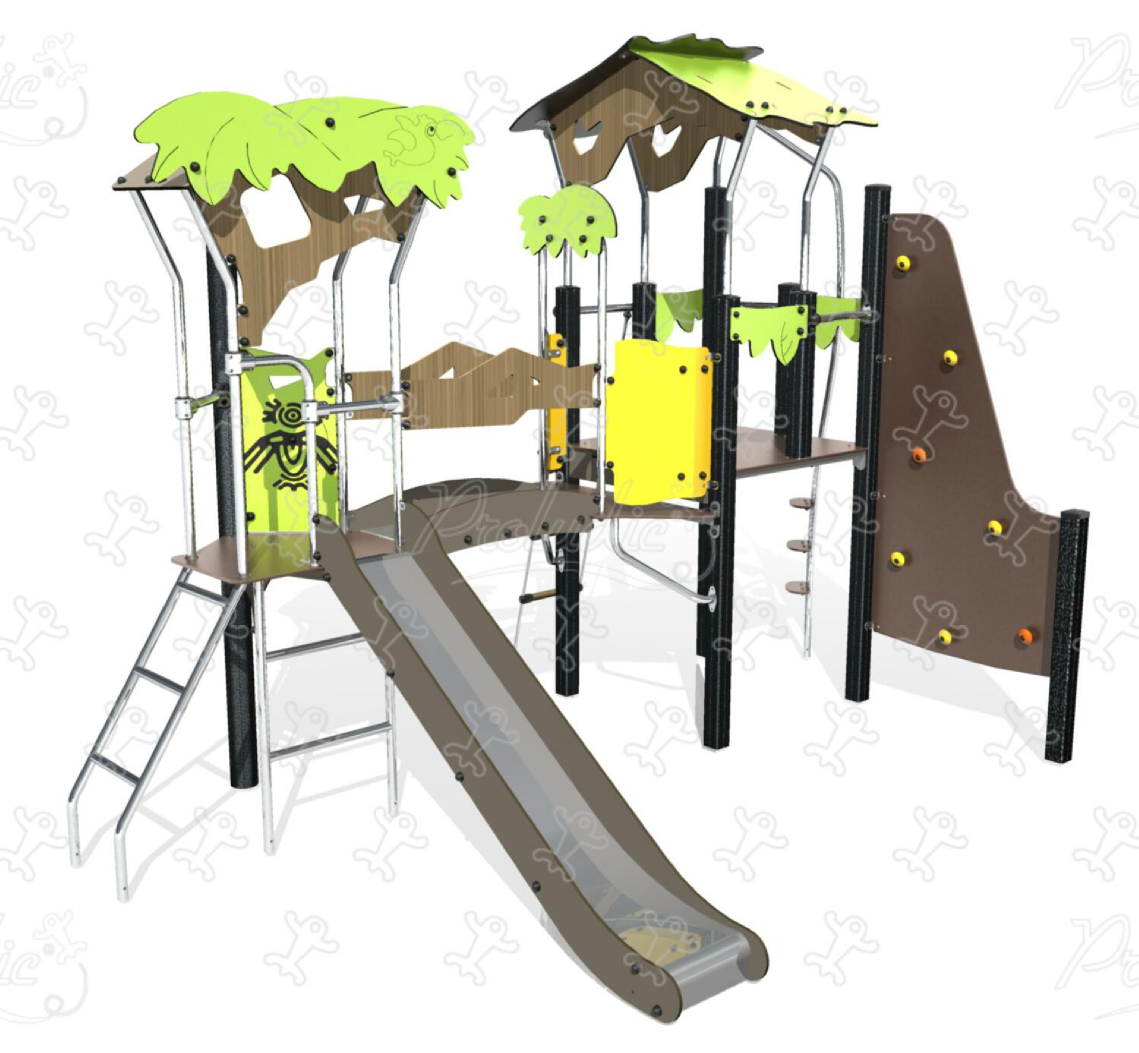 Multiplay equipment with climbing activities, climbing wall, elevated playhouses, and slide