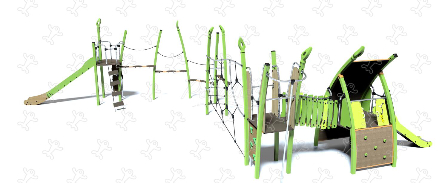Multiplay equipment with slides, elevated playhouse, and balancing trail