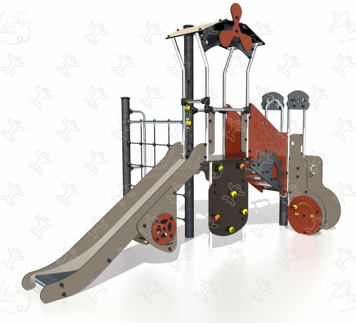 Multiplay equipment with climbing activites, elevated playhouse, and slide for 18 users