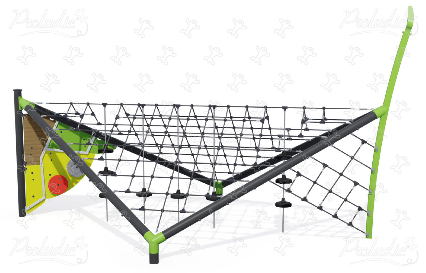 Metal climbing net playground equipment with suspended seats and play panel