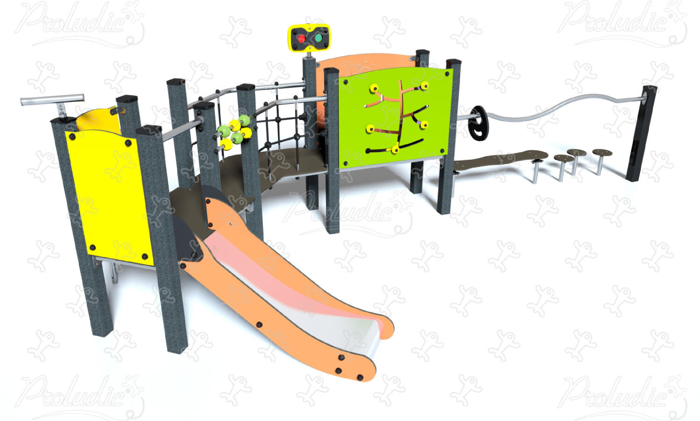 Playground equipment with balancing trail, rope bridge, slide, and play panels
