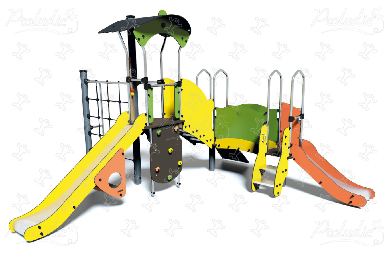 Multiplay equipment in yellow, orange and green with slides, elevated playhouse, and climbing activities