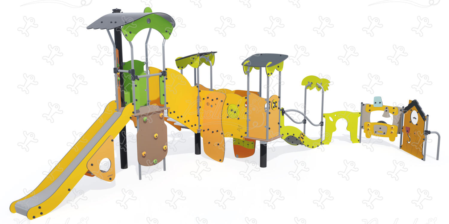 Early childhood multiplay equipment with play panels, slide, playhouses, and climbing activities