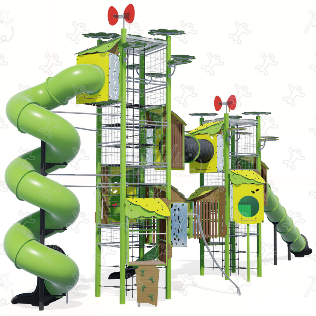 Giant double play tower with slides, aerial net tunnel and climbing activities