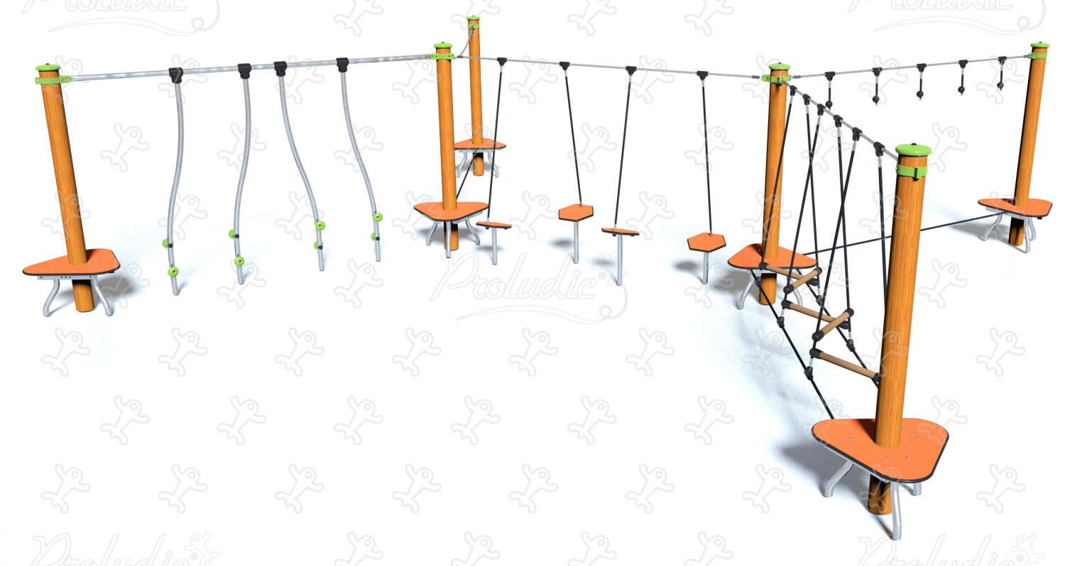 Timber balancing trail for children with rope play activities