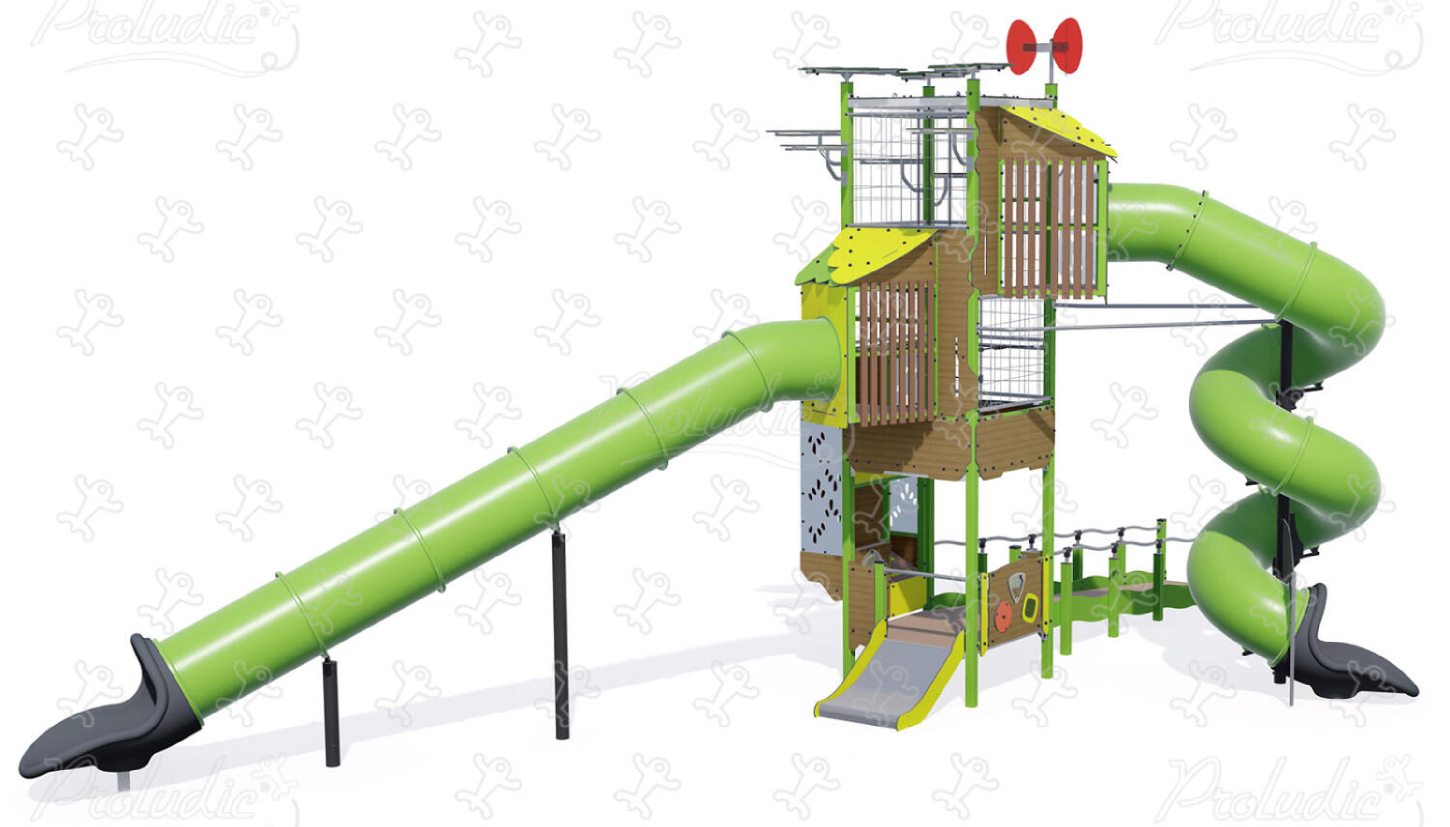 Inclusive playground equipment with tower, slides, climbing activities, and accessible ramp for people with reduced mobility