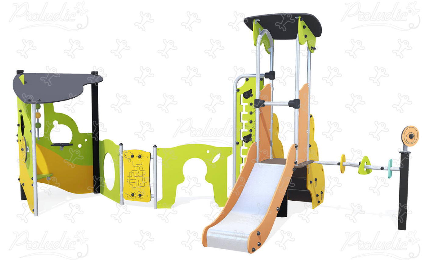Early childhood multiplay equipment with play panels, slide, and playhouse