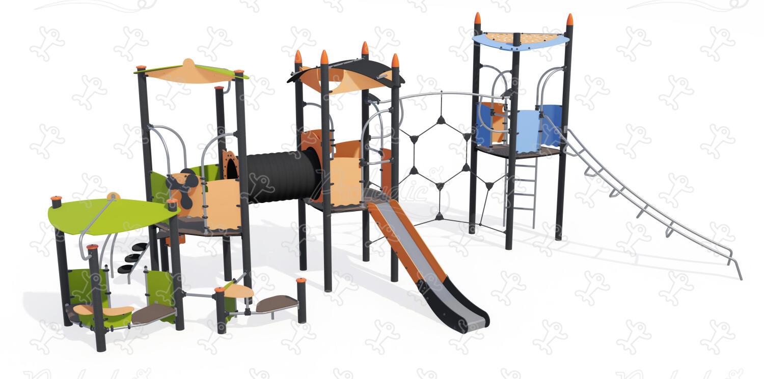 Multiplay equipment with elevated playhouse, balancing trail, climbing activities, tunnel, and slide