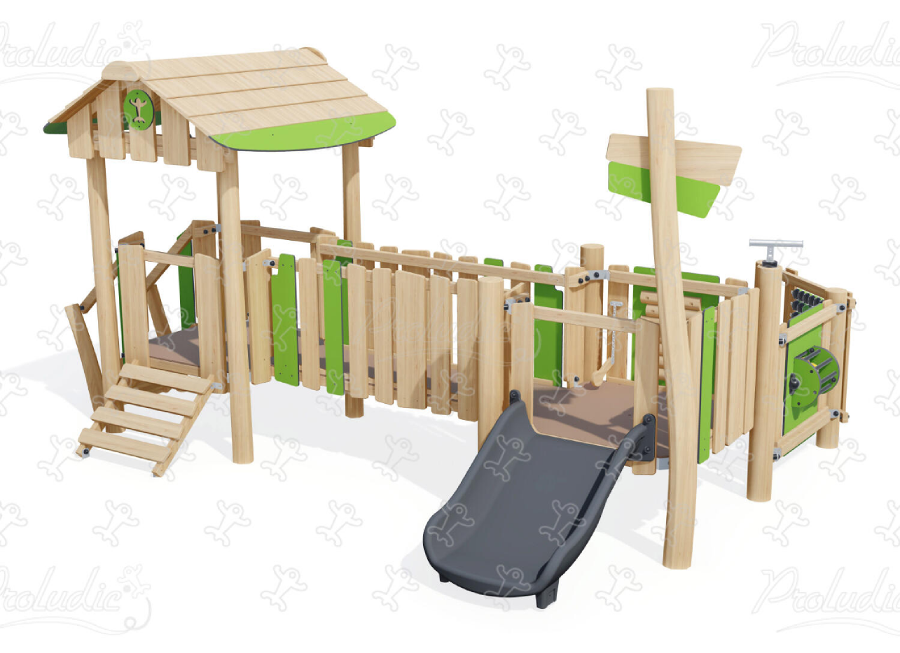 Wooden playground equipment for early childhood with slide, elevated playhouse and play panel