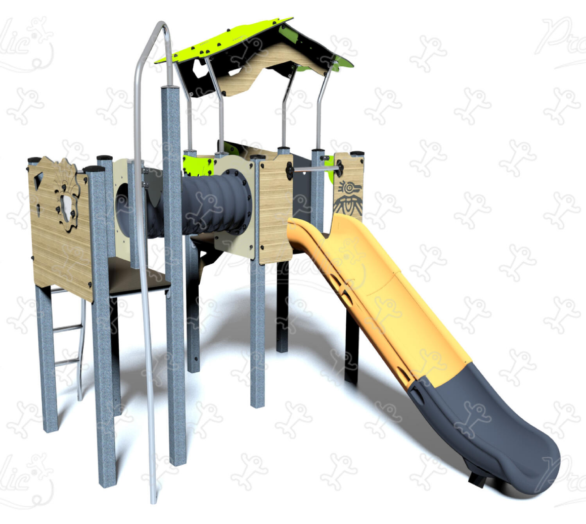 Multiplay equipment with climbing activities, elevated playhouse, tunnel, and slide