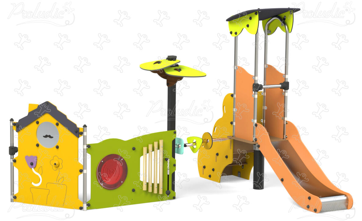 Early childhood multiplay equipment with elevated playhouses, slide, and play panels