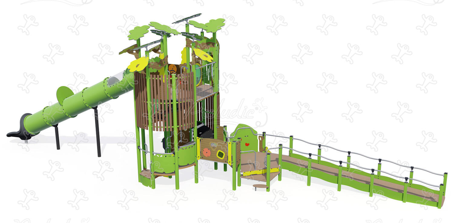 Inclusive playground equipment with tower, slides, climbing activities, manipulative play and an accessible ramp for people with reduced mobility
