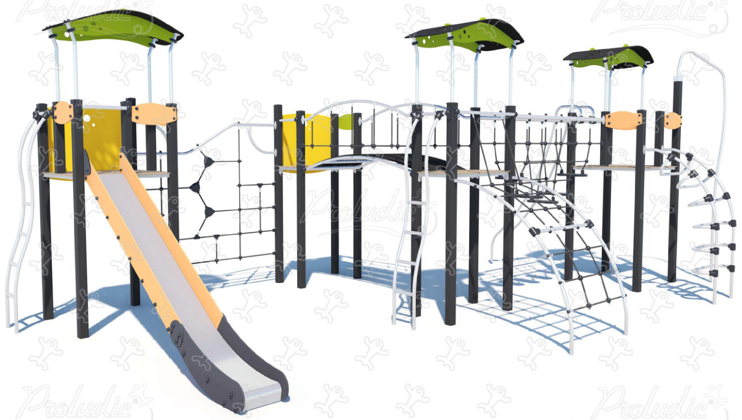 Multiplay equipment with climbing activities, elevated playhouses, and slides