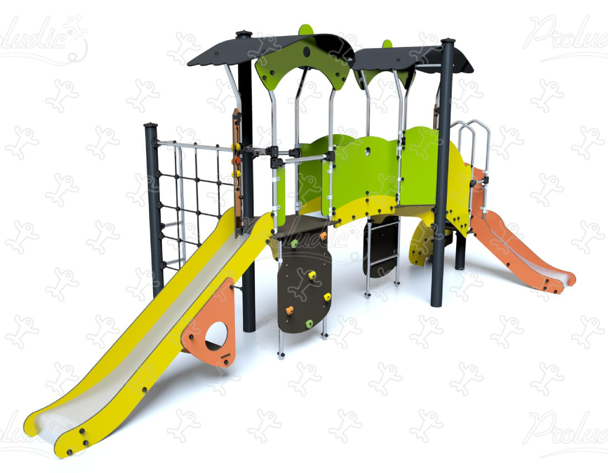 Multiplay equipment with slides, elevated playhouses, and climbing activities