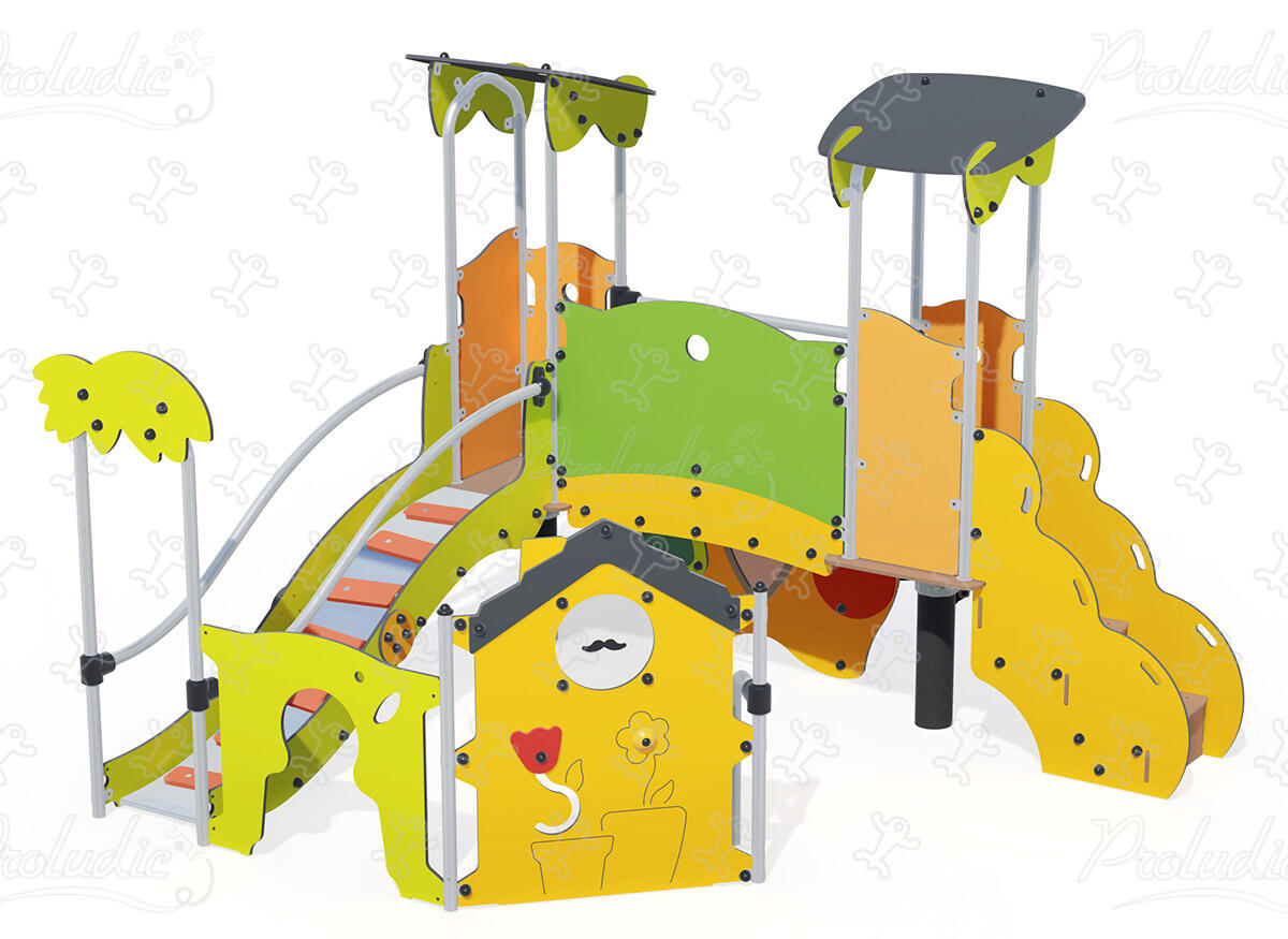 Multiplay equipment with play panels, elevated playhouses, and climbing activities in pastel and wood colours