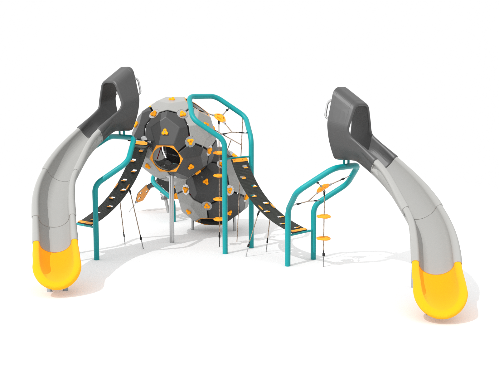 Climbing set consisting of two Bubbles, a slide and climbing modules.