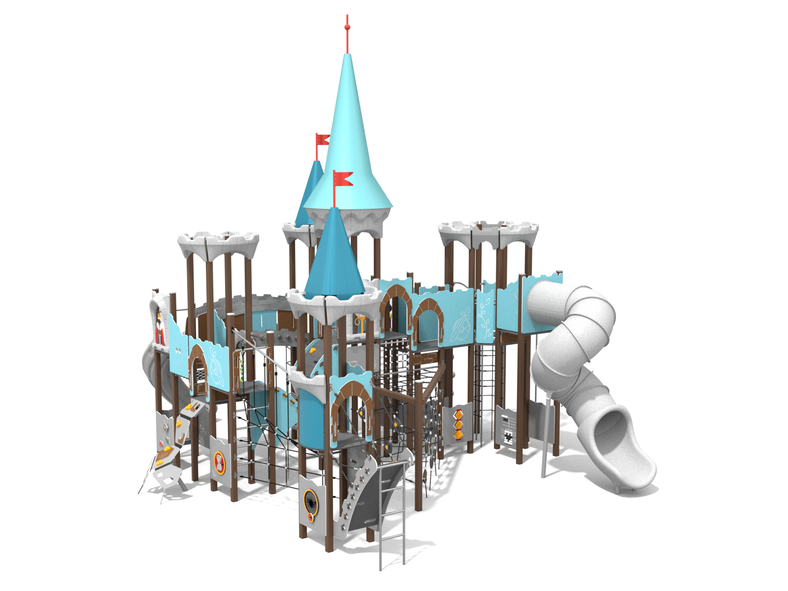 A castle on the playground with slides and a rope playground