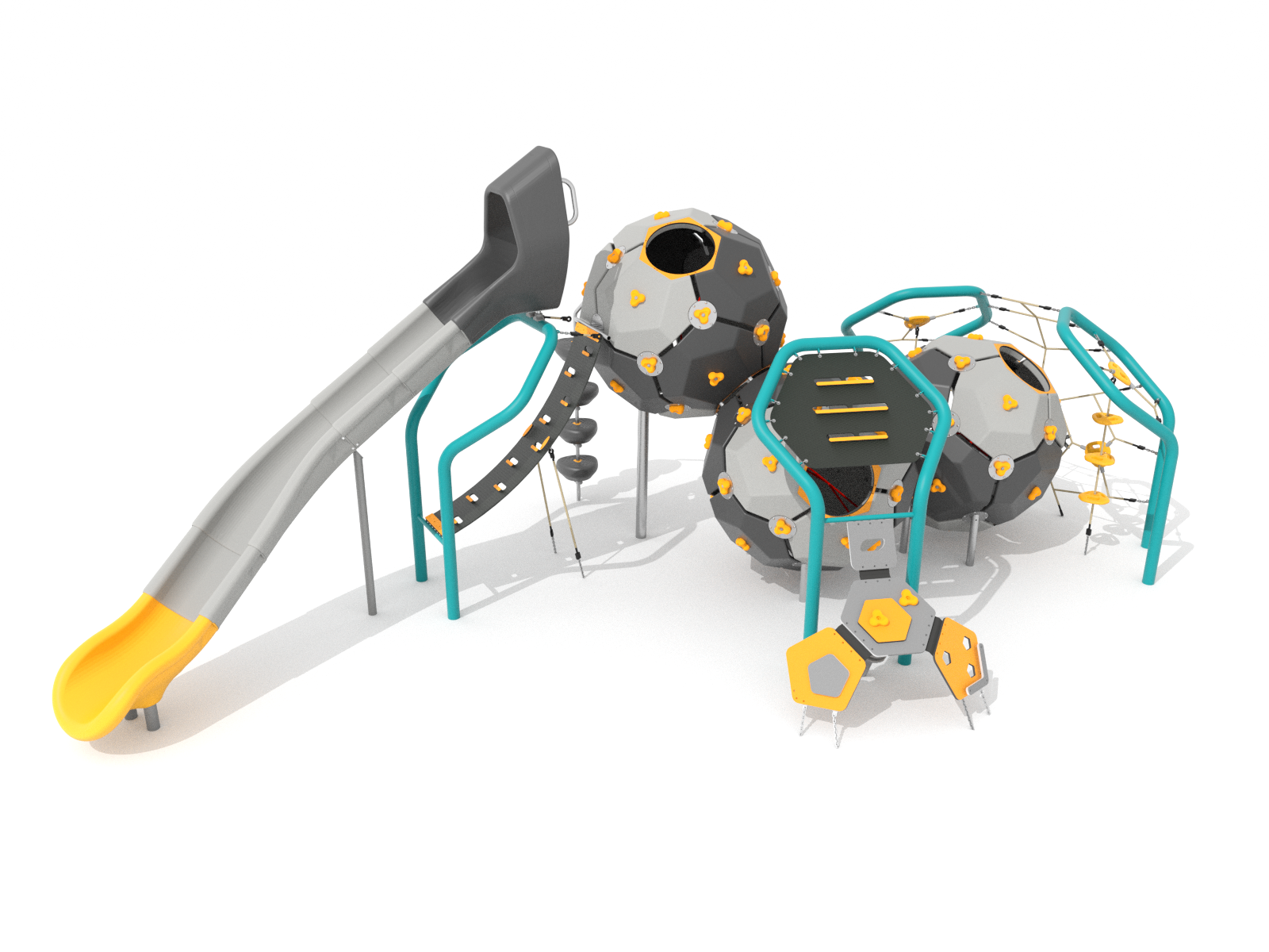 Climbing set consisting of three Bubbles, a slide and a rocking climbing wall.