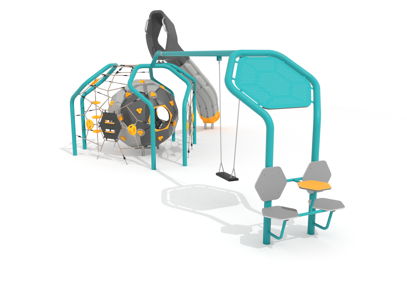 Climbing set consisting of one Bubbles, a slide and a swing