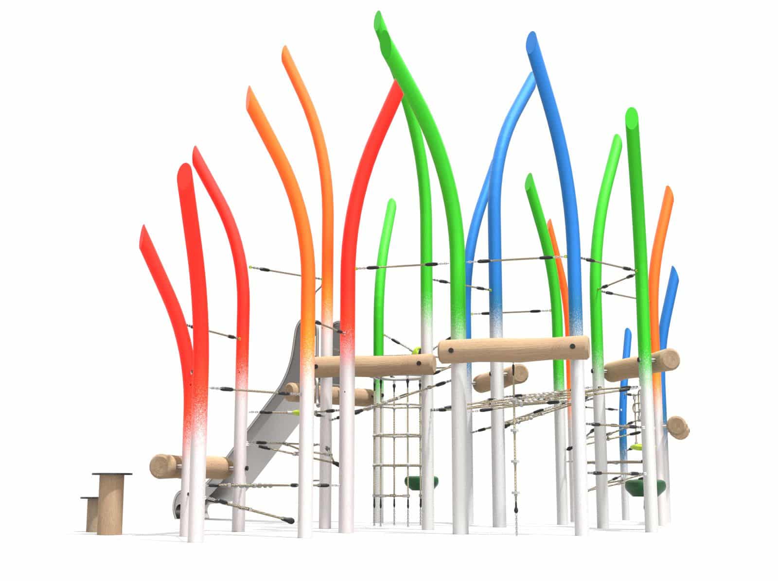 Colourful rope climbing net for the playground