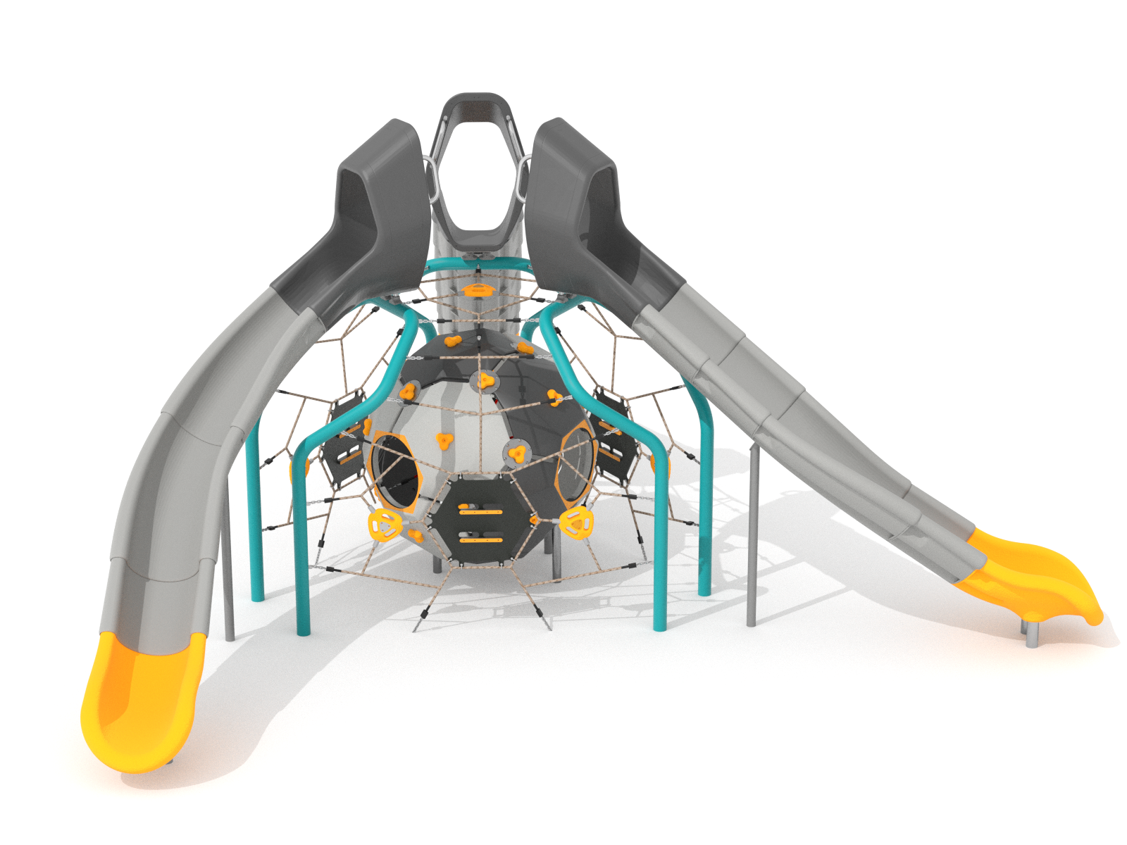 Climbing set consisting of one Bubbles, a swing and three slides.