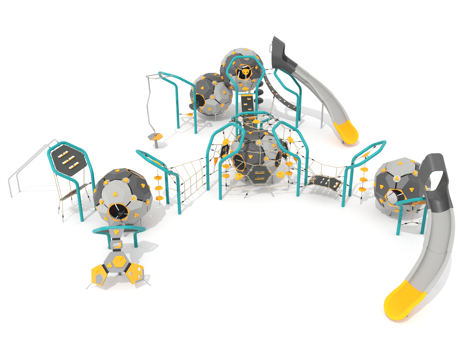 Climbing set consisting of five Bubbles, a slide, a carousel and climbing nets.
